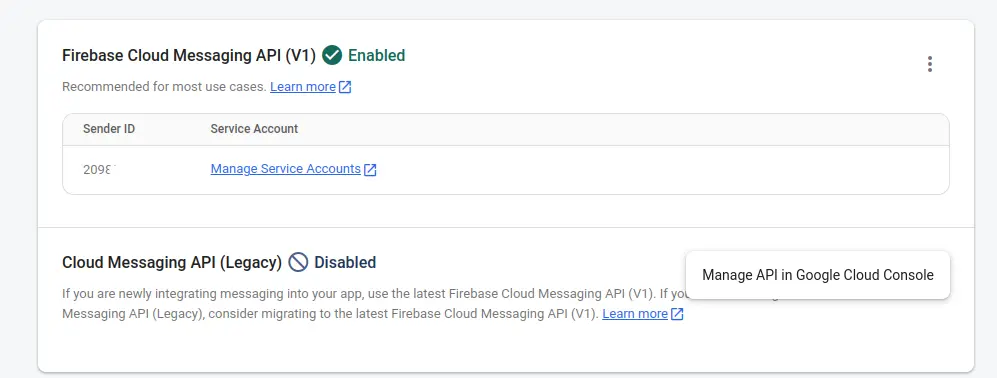 klik Manage API in Google Cloud Console